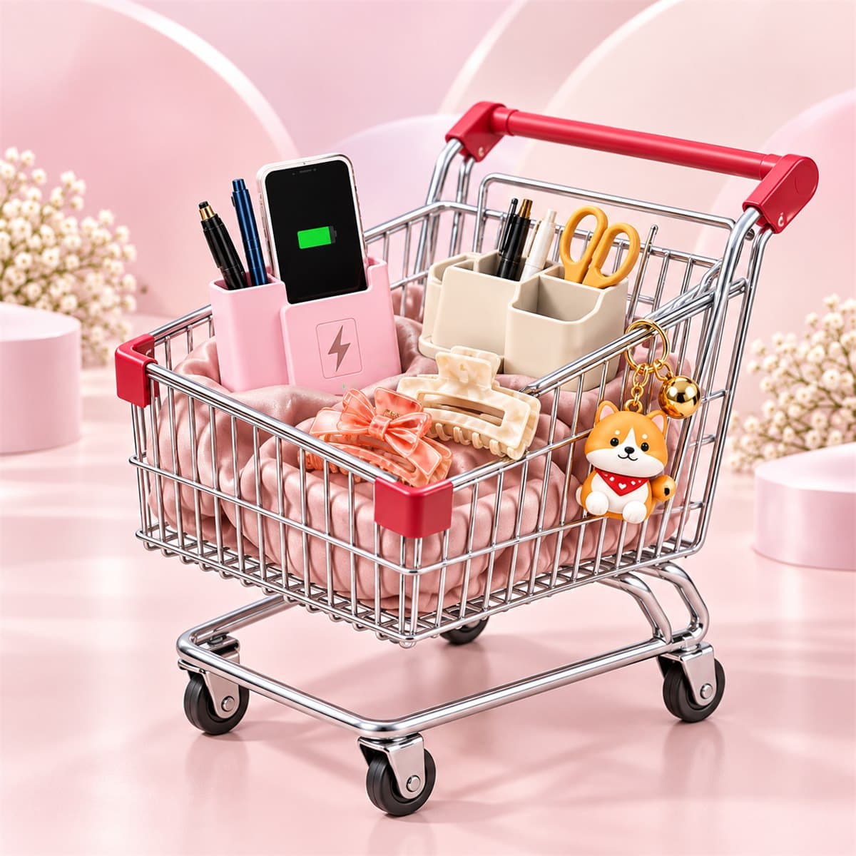 A miniature shopping trolley holding Dartler accessories — desk organisers, a charging phone stand, hair clips, a scrunchie and a Shiba keychain.